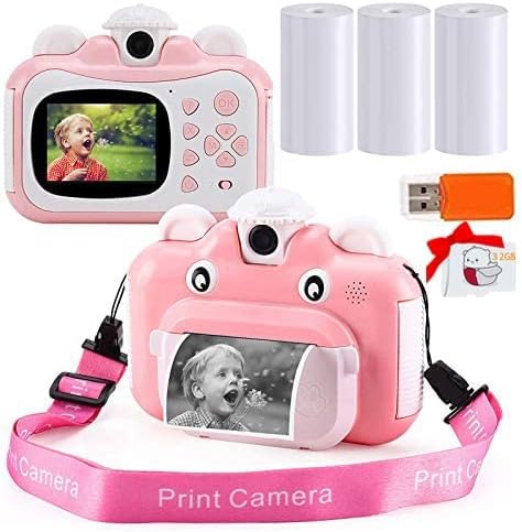 Камера миг печат за деца, печат на снимки в HD формат 1080p за деца, с 3 Листа хартия за печат и карта с памет