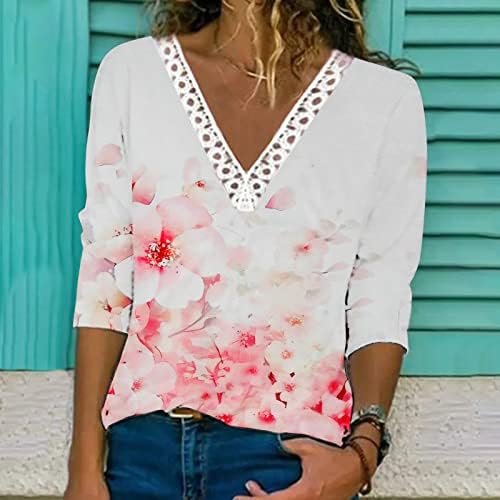 Дамски Модни Тениска С Флорални принтом, V-образно деколте, Възли на една Кука Дантелени Блузи, Ежедневни