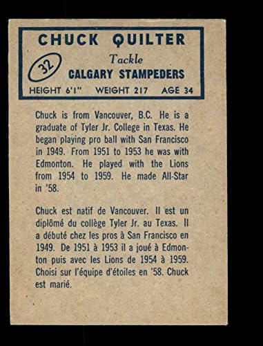 1962 Topps 32 Чък Quilter Калгари Стэмпедерс (Футболна карта) EX Стэмпедерс Тайлър (JC)