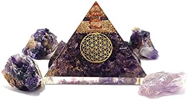 Пирамидка от Аметистового Оргона с Символът на Цветето на Живота и 4 Предмета от Естествени Необработени камъни, Определени
