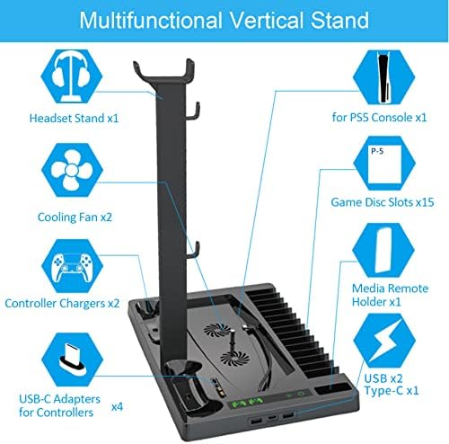 Вертикална Поставка за вентилатор за охлаждане на конзолата PS5, Зарядно за две контролери Digital Editions, 2 Безшумни вентилатора
