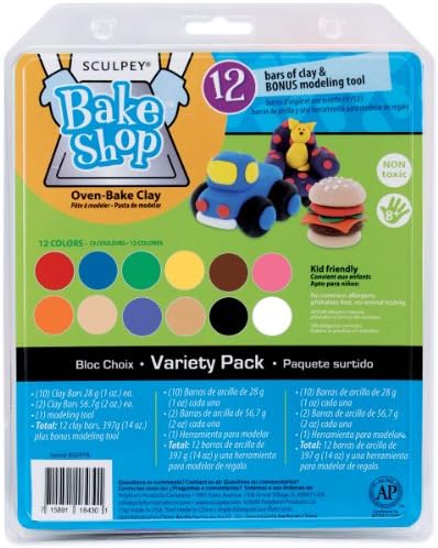 Полимерна глина за печене в пещ Sculpey Bake Shop, набор от 12 уникални цветове за деца, един инструмент