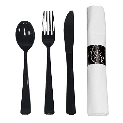 Party Essentials N501732-за еднократна употреба, Набор от прибори за хранене от 4-те ролки ултра силна пластмаса с Черна вилица / Нож / лъжица и 3-слойной бяла кърпа (опаковка от 10