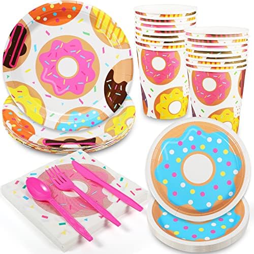 [Аксесоари за парти с пончиками] Комплекти чинии, салфетки, чаши за парти в чест на рождения ден на Donut Grow Up, за детската
