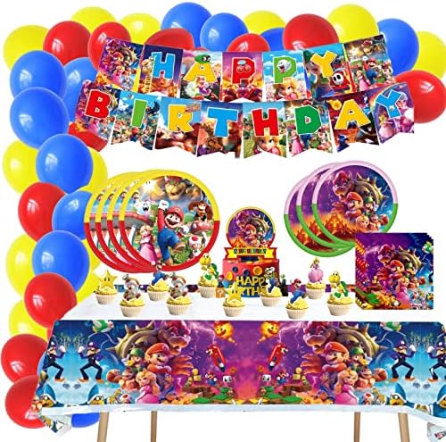 139 бр. балони за партита Mari, супер видео игра, за да проверите за рожден ден, банер, торта, топперы за кифли, покривка, салфетки, чинии, капакът на масата