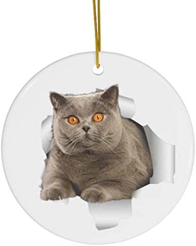 Забавно Британска Късокосместа Котка Сив Цвят Отива През Отвори Подаръци 2023 Коледно Дърво, Декорация На Керамични Кръг