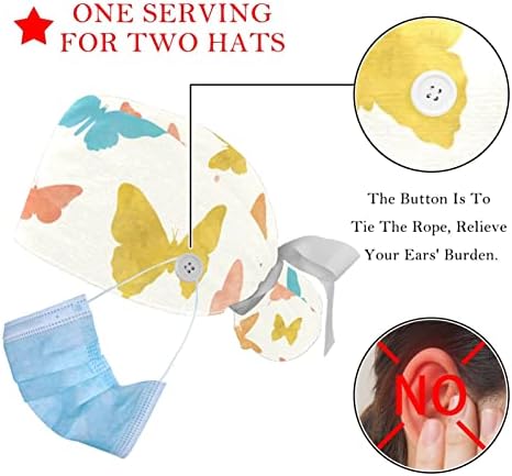 2 Опаковане на Работни шапки за еднократна употреба с Бутони, Пеперуди, Жълти, Сини, Оранжеви, С Начесом, Шапки-Скрабами,