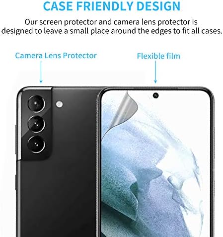 ULZHXY е Съвместим с Samsung Galaxy S21 2 опаковки със защитно фолио от гъвкави TPU + 2 опаковки със защитно фолио за обектива на камерата с инструмент за позициониране, поддържа ?
