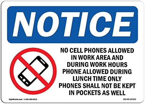 Предупредителен знак OSHA - по време На работа е забранено да се използват мобилни телефони | Твърда пластмасова табела