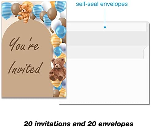 Покани за парти Baby Shower за малки момчета Bearly Wait с конвертами Комплект от 20 сини мъниста с Медвежатами