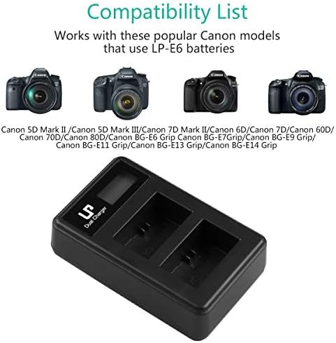 LP-E6 LP E6N Зарядно с два слота, LP и Зарядно устройство, съвместим с Canon EOS 90C, 80D, 70D, 60D, 60DA, 7D Mark II, eos