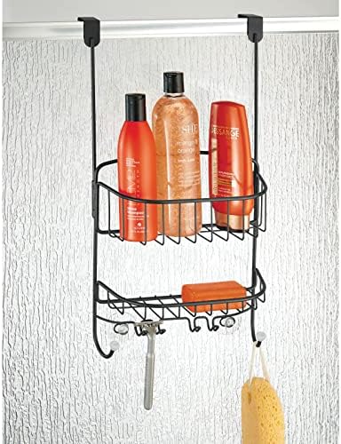 mDesign Стоманен Висящ Органайзер за съхранение на душ-кабината с 2 кошници, 6 куки - Полк за душ за баня - Побира шампоан,