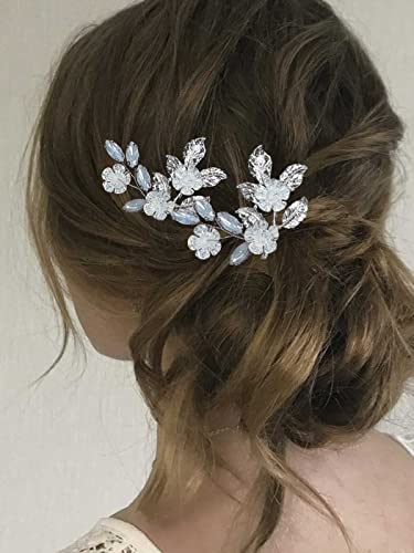Сватбени фиби за коса с кристали Casdre, сребърни щипки за коса с цветя, аксесоари за коса с листа, за жени или момичета (опаковка от 2 броя)