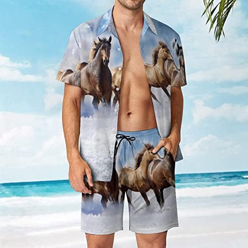 Wild Horses Мъжки Хавайски Комплект от 2 теми, Ризи с къс ръкав Копчета, Плажни Панталони на Свободния Намаляване,