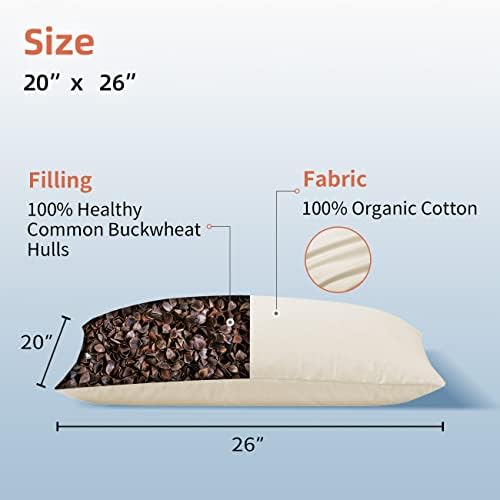 Възглавница от органичен елда LOFE за съня - Стандартен размер 20 х 26, регулируема височина, Дишаща за хладен сън, Шейная подкрепа за спане отзад и отстрани (обикновена