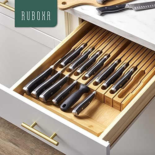 Висококачествен органайзер за кутия за ножове от бамбук - 16 отделения за ножове плюс гнездо за острилка, Органайзер