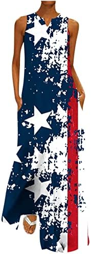 Жена Макси рокля HGCCGDU от 4 юли 2023, Рокля на Деня на независимостта, Дълга Рокля Без Ръкави, Рокля с V-образно деколте