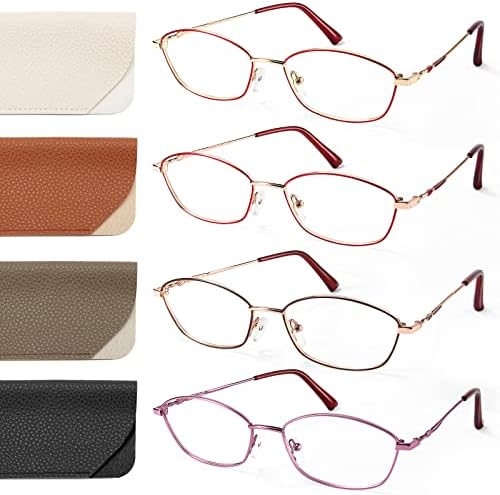 NOVIVON 4 Опаковане. Очила за четене за Жените Син Металик Светлина, Блокиране на Компютърни Овални Очила За Четене Със Защита От Отблясъци/Напрежение око, UV-Филтър
