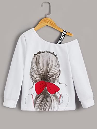 Модни блузи и жилетки за момичета, пуловер с асиметрично деколте и контрастиращи с надпис Лента за момичета (Цвят: