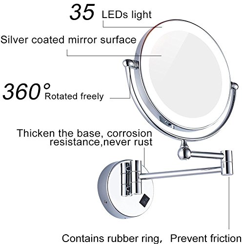 Стенно огледало за грим TheCoolCube с led подсветка, полиран хромирано покритие и 8-инчов Двустранно повратна Огледало Сребрист