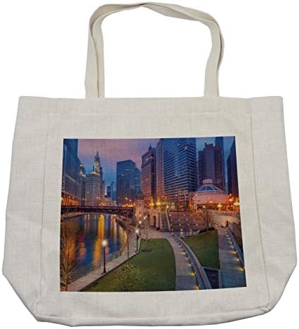 Чанта за пазаруване Ambesonne Chicago Skyline, Градски пейзаж, Спокойна сцена на брега на морето в сумрак, Изображението