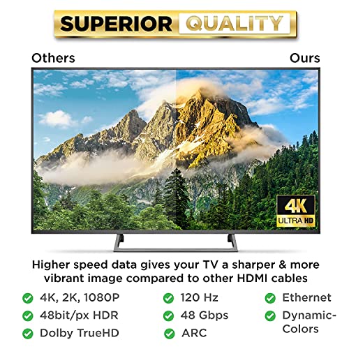 Кабел PowerBear 4K, HDMI 10 фута [2] Високоскоростен, с найлонови и златни свещи в оплетке, с резолюция от 4K @ 60 Hz, Ultra HD, 2K, 1080P, ARC и CL3 | за преносими компютри, монитори, PS5, PS4, Xbox One, F