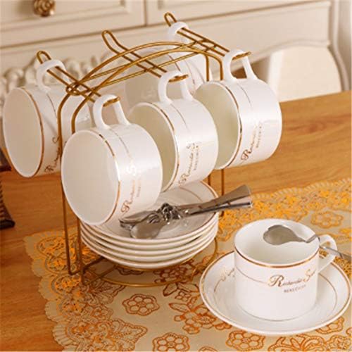 Висококачествен чай, Керамични Луксозен комплект чаени чаши със златна украса в европейски стил, който включва 6 бр. чаена чаша и лъжица с метален държач, Керамични