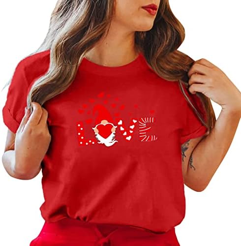 KCJGIKPOK Графични Тениски за Жени за Ден на Свети Валентин с Принтом на Сърцето с Къс Ръкав и Кръгло деколте,