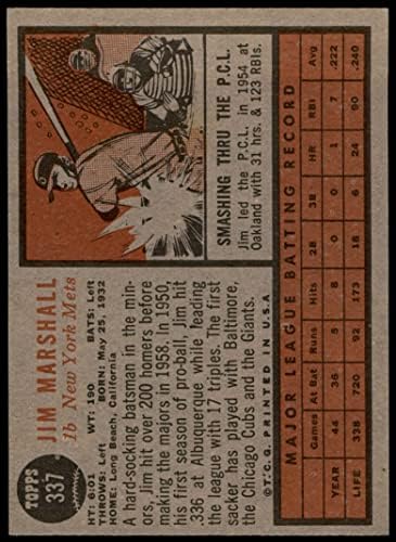 1962 Topps # 337 Джим Маршал Ню Йорк Метс (Бейзболна картичка), БИВШ+ Метс