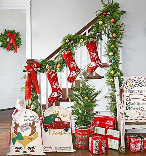 Коледна чанта KEFAN, 6 опаковки, bag Дядо Коледа, холщовая чанта с завязками, голям размер на 27,5x19,5 инча (фигура а)