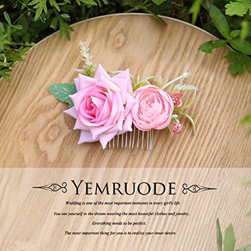 Yemruode Сребристо-Розов Гребен за коса с цветя модел във формата на цвете, Роза, Сватбени Аксесоари за коса за булки (Розово), без размер (FS-002)