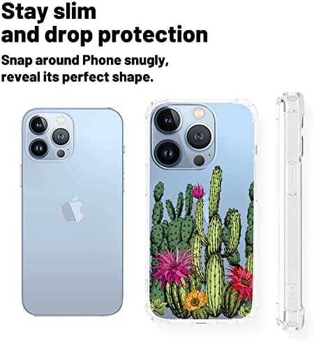Hanazaoa Прозрачен калъф, Съвместим с калъф iPhone 14 Pro, Cactus растения с Цветя модел за Жени и Момичета, Прозрачни Меки