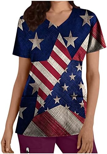 Дамски Блузи на Ден на Независимостта, елегантно облечен Форма на медицинските Сестри с Американския Флаг, Тениска с V-образно