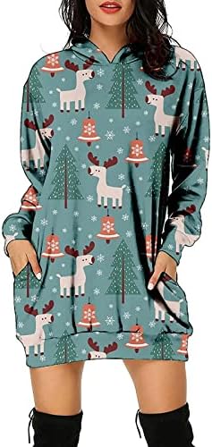 Женствена рокля-hoody с качулка 2022, Модни Hoody с Коледните Принтом с Дълъг Ръкав и Джоб, Коледа, ден за ден Пуловер, Туника, Върхове