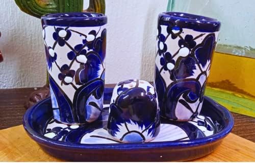 MEXTEQUIL - Чашки за тази мексиканска текила Talavera, Солонка с тава - Комплект от 4 теми - Ръчен цветен живопис Скоч Damian