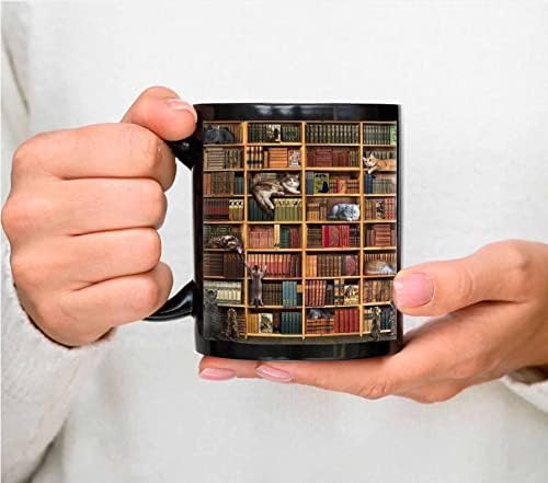 Кафеена чаша Cat Library лавица за книги, За любителите на книги, Черна, 11 грама