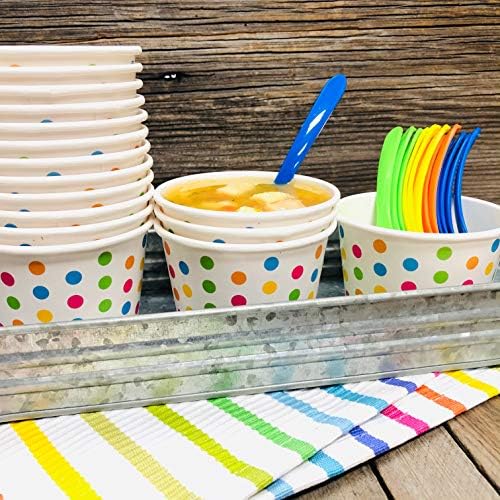 Комплект за сладолед с плодове - Картонени чаши на точки в 8-унция - Пластмасови лъжици - Хартиени чадъри - Син Оранжев Жълт Зелен - 24 бр всеки